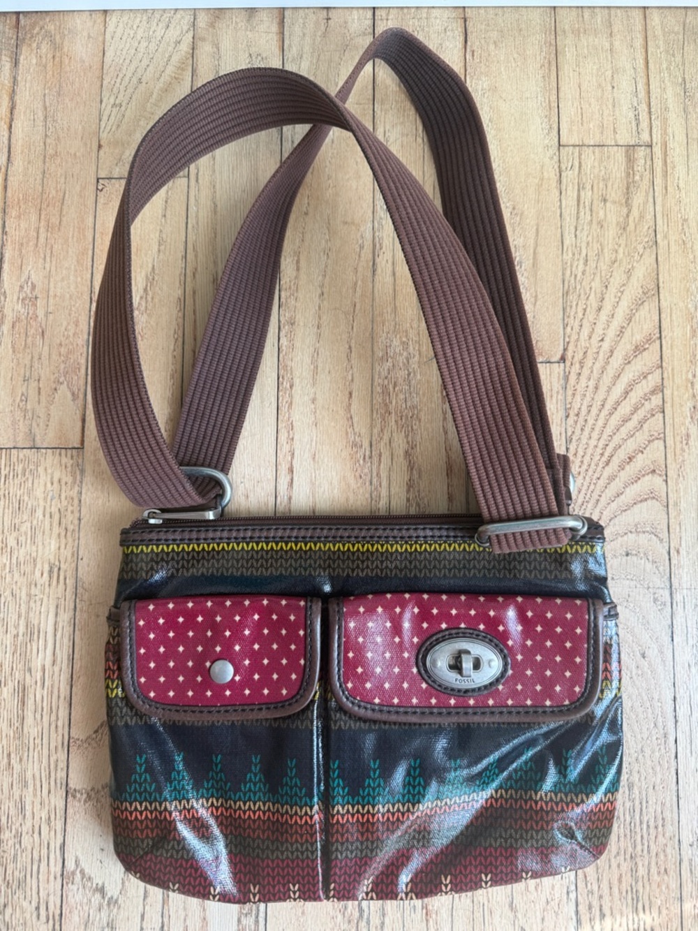 Fossil Brown and Red Printed Crossbody Bag